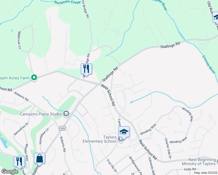 map of restaurants, bars, coffee shops, grocery stores, and more near 89 Stallings Road in Taylors