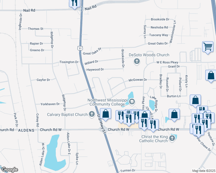map of restaurants, bars, coffee shops, grocery stores, and more near 5361 Payton Drive West in Southaven