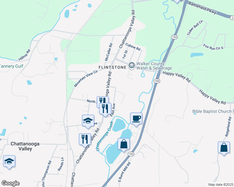map of restaurants, bars, coffee shops, grocery stores, and more near 95 East Avenue in Chattanooga Valley