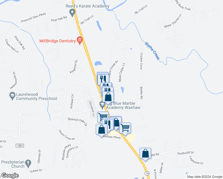 map of restaurants, bars, coffee shops, grocery stores, and more near 1971 Trace Creek Drive in Waxhaw