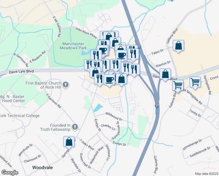 map of restaurants, bars, coffee shops, grocery stores, and more near 1900 Springsteen Road in Rock Hill