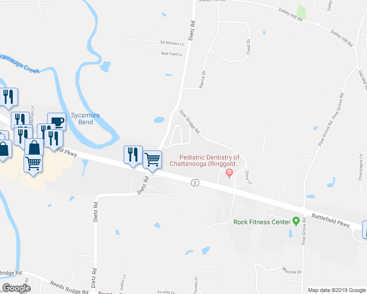 map of restaurants, bars, coffee shops, grocery stores, and more near 118 Thistlewood Drive in Ringgold