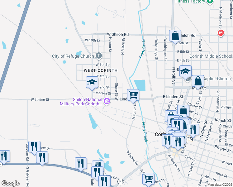 map of restaurants, bars, coffee shops, grocery stores, and more near 200 Sharp Street in Corinth