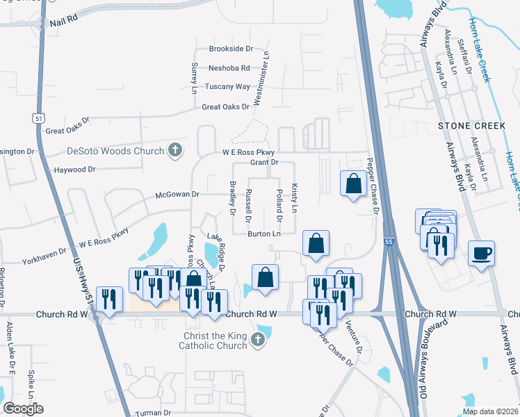map of restaurants, bars, coffee shops, grocery stores, and more near 5367 Kalian Cove in Southaven