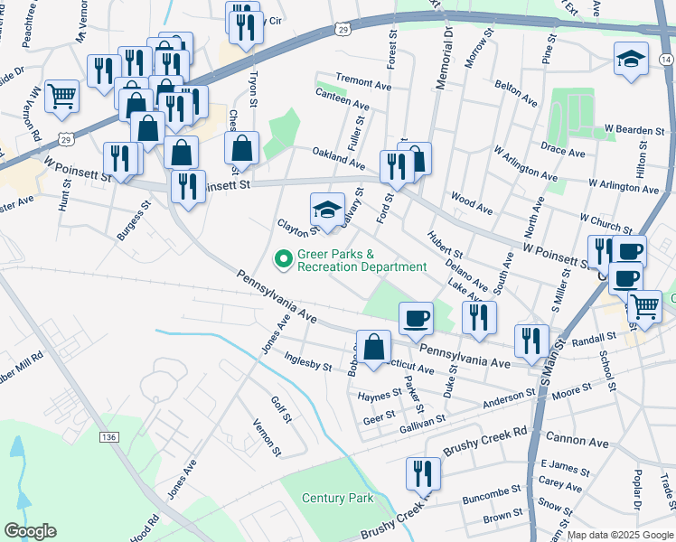 map of restaurants, bars, coffee shops, grocery stores, and more near 200 Sumter Street in Greer