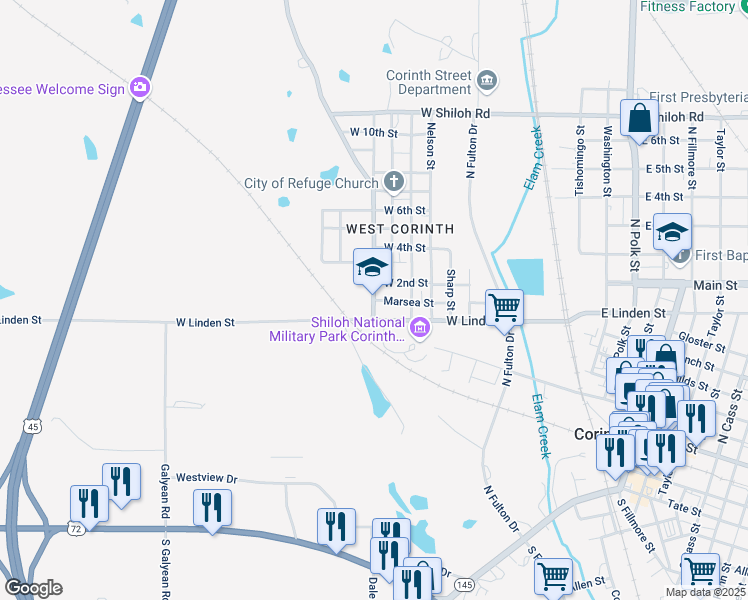 map of restaurants, bars, coffee shops, grocery stores, and more near 200 Wenasoga Road in Corinth