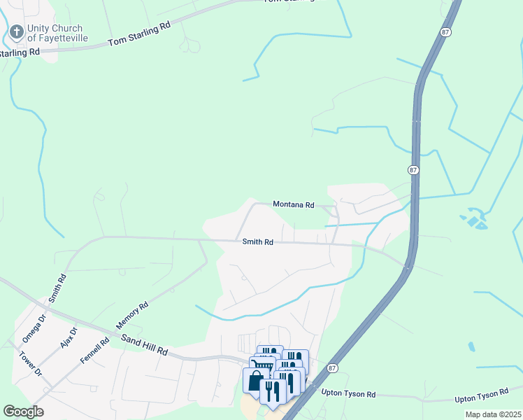 map of restaurants, bars, coffee shops, grocery stores, and more near 2111 Montana Road in Hope Mills