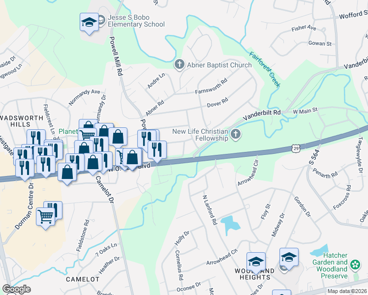 map of restaurants, bars, coffee shops, grocery stores, and more near 115 Bedford Road in Spartanburg