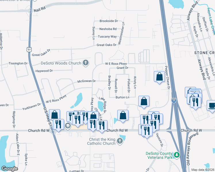 map of restaurants, bars, coffee shops, grocery stores, and more near 5371 Bradley Drive in Southaven