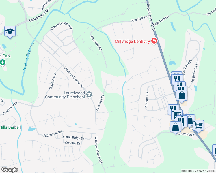 map of restaurants, bars, coffee shops, grocery stores, and more near 8216 Pine Oak Road in Waxhaw