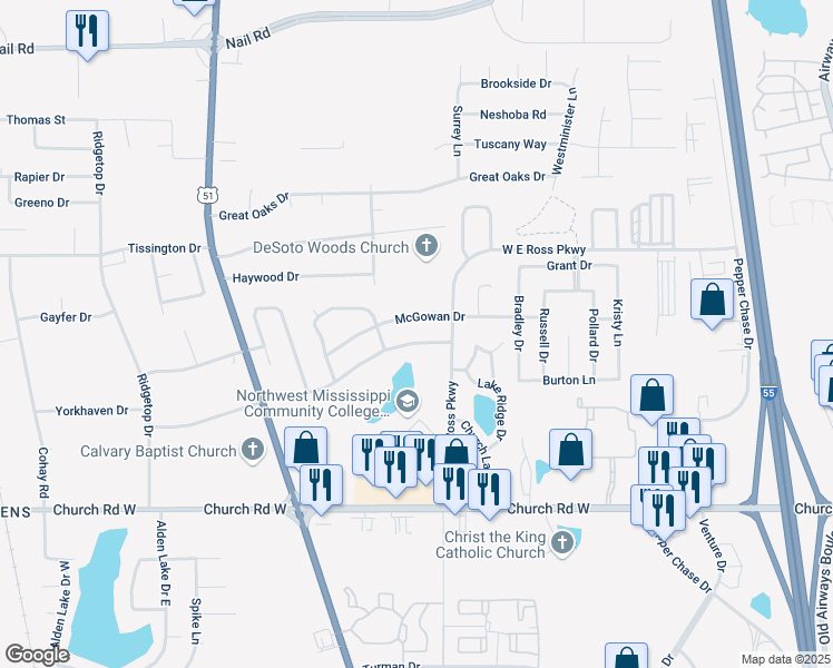 map of restaurants, bars, coffee shops, grocery stores, and more near 1093 McGowan Drive in Southaven
