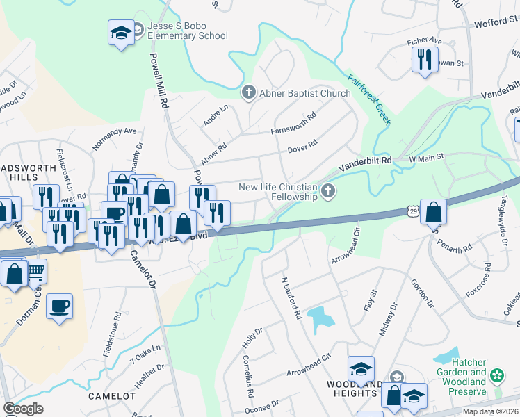 map of restaurants, bars, coffee shops, grocery stores, and more near 115 Bedford Road in Spartanburg