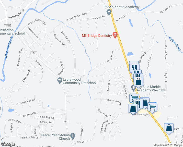 map of restaurants, bars, coffee shops, grocery stores, and more near 8111 Kingston Drive in Waxhaw