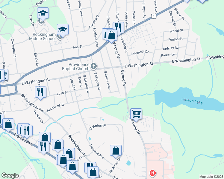 map of restaurants, bars, coffee shops, grocery stores, and more near 211 South Grove Avenue in Rockingham
