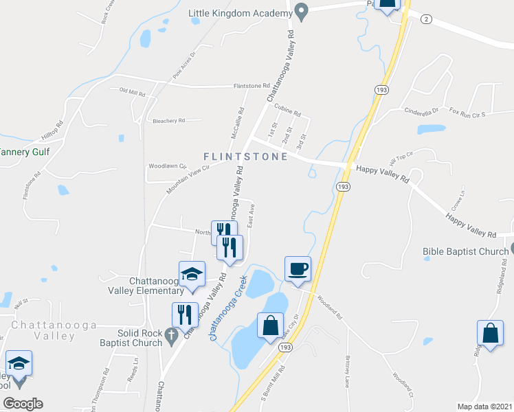 map of restaurants, bars, coffee shops, grocery stores, and more near 95 East Avenue in Chattanooga Valley