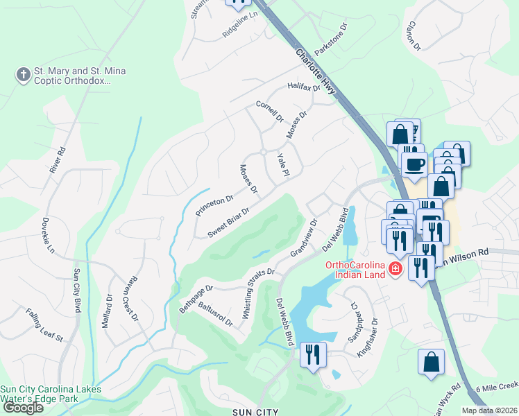 map of restaurants, bars, coffee shops, grocery stores, and more near 1011 Princeton Drive in Indian Land