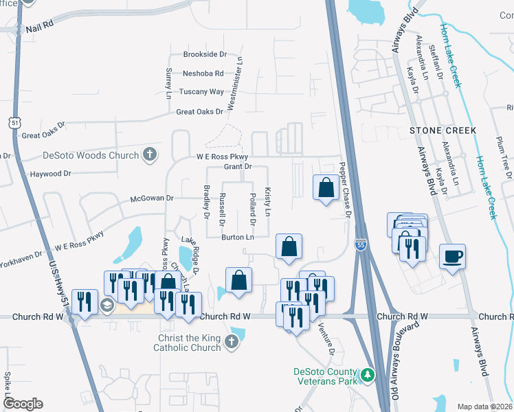 map of restaurants, bars, coffee shops, grocery stores, and more near 5392 Pollard Drive in Southaven