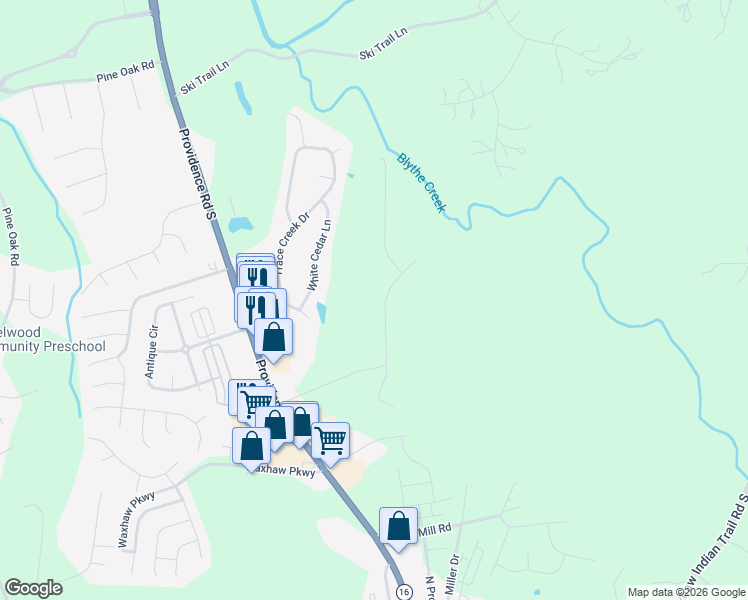 map of restaurants, bars, coffee shops, grocery stores, and more near 2816 Blythe Road in Waxhaw