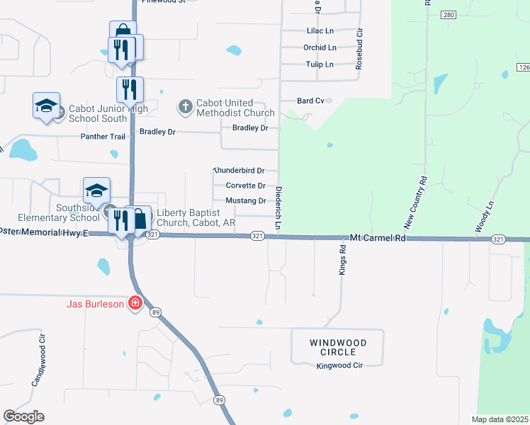 map of restaurants, bars, coffee shops, grocery stores, and more near 14 Porsche Drive in Cabot
