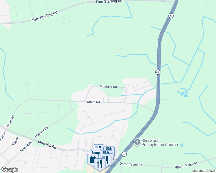 map of restaurants, bars, coffee shops, grocery stores, and more near 2149 Montana Road in Hope Mills