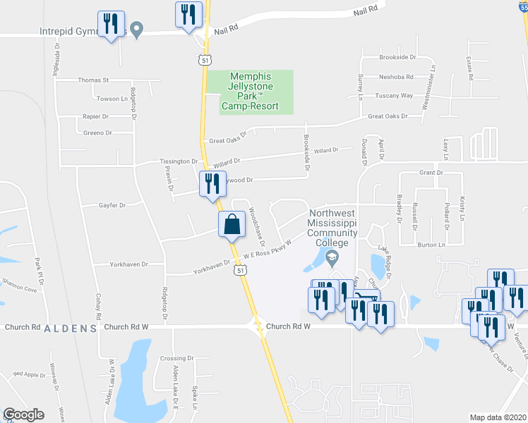 map of restaurants, bars, coffee shops, grocery stores, and more near 5393 Payton Drive West in Southaven