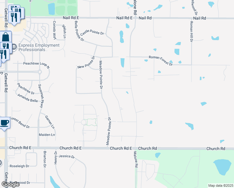 map of restaurants, bars, coffee shops, grocery stores, and more near 5406 East Pointe Drive in Southaven