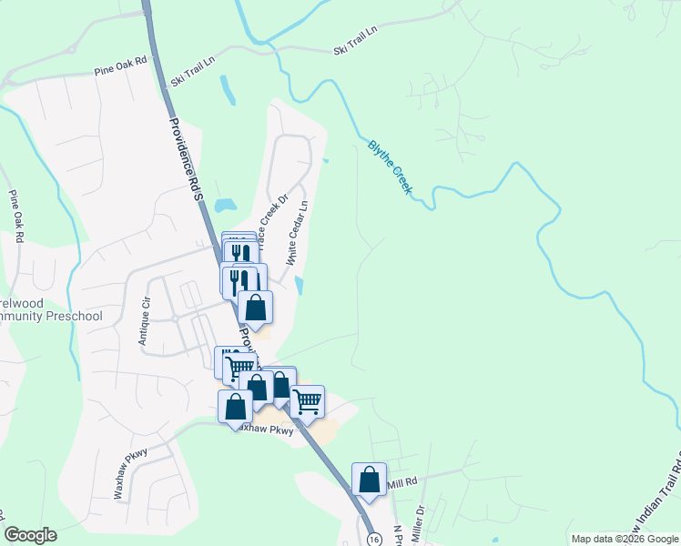 map of restaurants, bars, coffee shops, grocery stores, and more near 2816 Blythe Road in Waxhaw