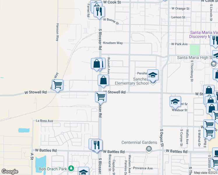 map of restaurants, bars, coffee shops, grocery stores, and more near 1100 Liberty Street in Santa Maria