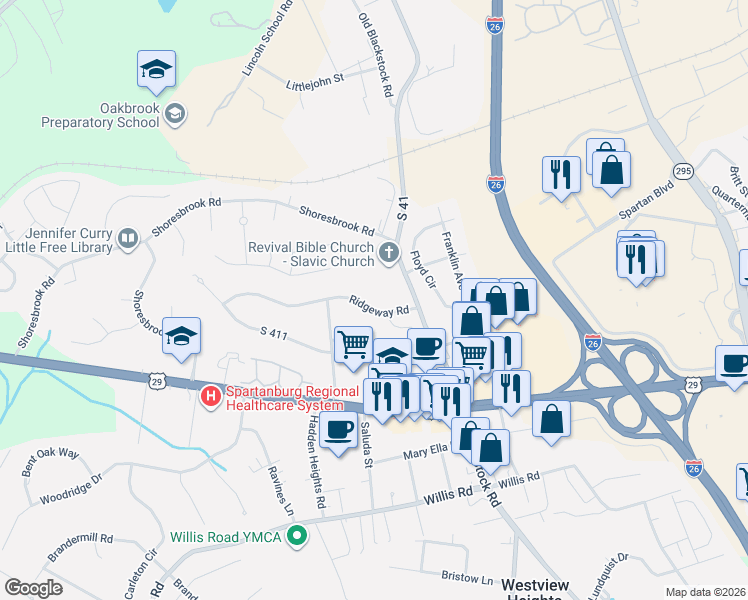 map of restaurants, bars, coffee shops, grocery stores, and more near 104 Ridgeway Road in Spartanburg