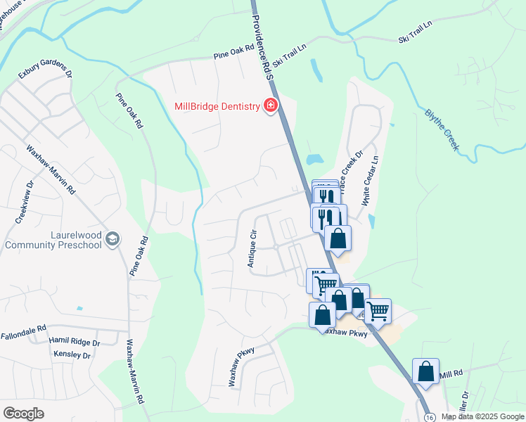 map of restaurants, bars, coffee shops, grocery stores, and more near 7800 Antique Circle in Waxhaw