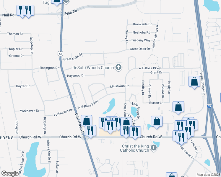 map of restaurants, bars, coffee shops, grocery stores, and more near 1125 McGowan Drive in Southaven