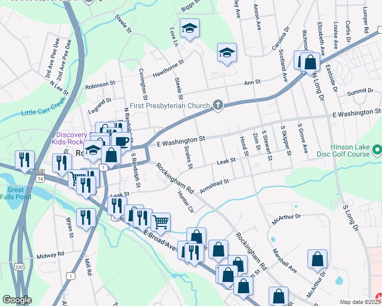 map of restaurants, bars, coffee shops, grocery stores, and more near 111 Scales Street in Rockingham