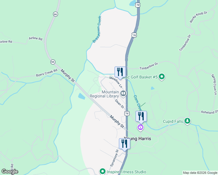 map of restaurants, bars, coffee shops, grocery stores, and more near 601 Miller Street in Young Harris