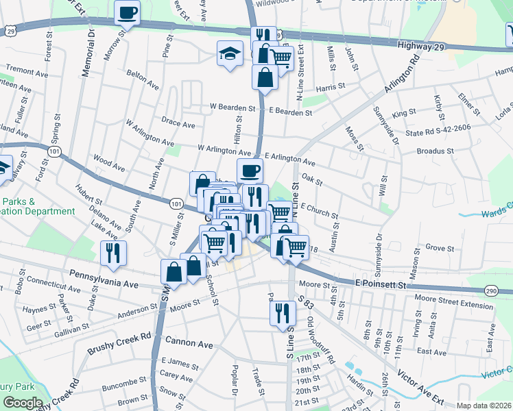 map of restaurants, bars, coffee shops, grocery stores, and more near 1004 Park View Greer Circle in Greer