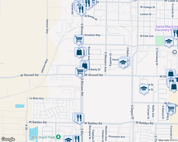 map of restaurants, bars, coffee shops, grocery stores, and more near 1100 Liberty St in Santa Maria