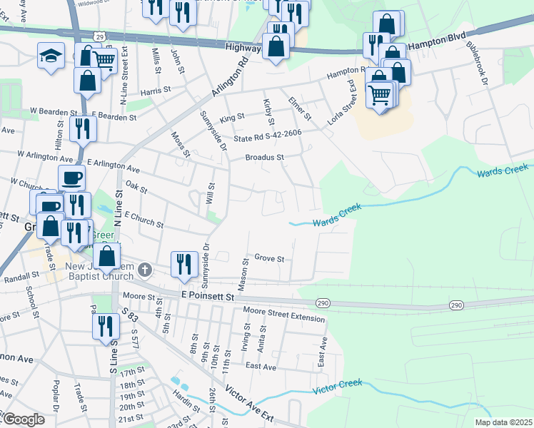 map of restaurants, bars, coffee shops, grocery stores, and more near 13 Victor Court in Greer