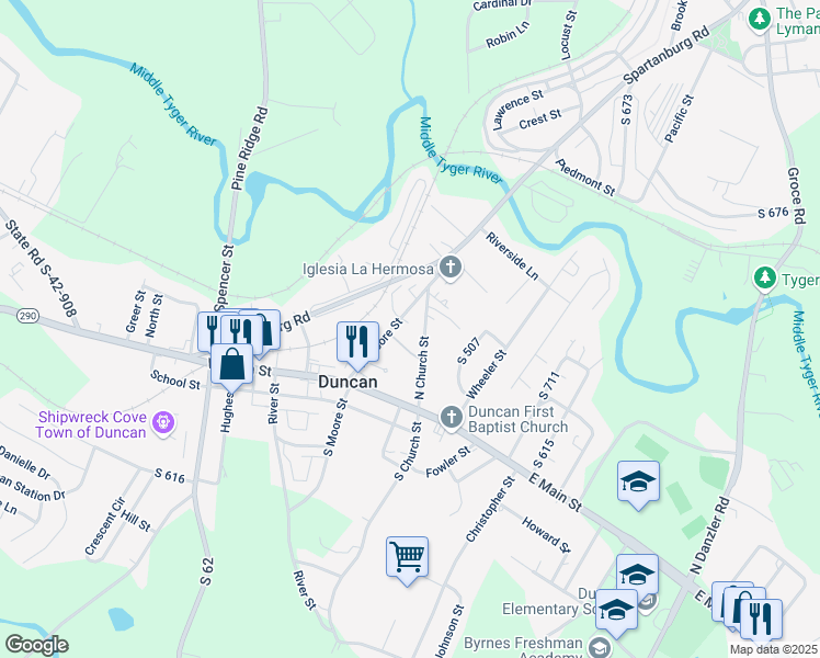 map of restaurants, bars, coffee shops, grocery stores, and more near 115 N Moore St in Duncan