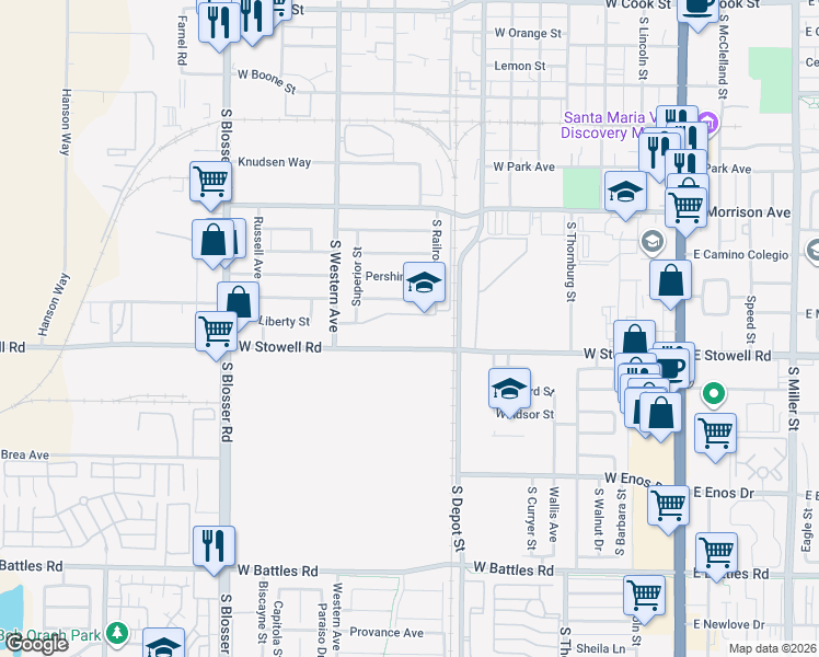 map of restaurants, bars, coffee shops, grocery stores, and more near 804 Liberty Street in Santa Maria