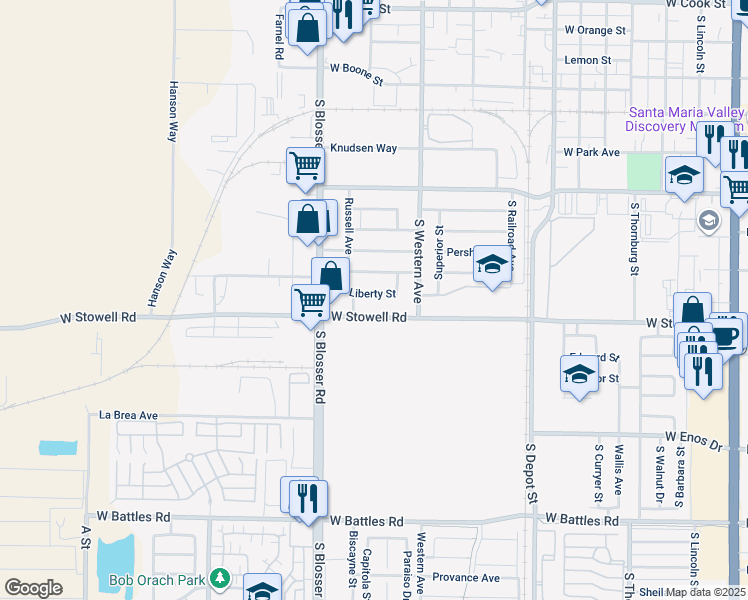 map of restaurants, bars, coffee shops, grocery stores, and more near 1046 Liberty Street in Santa Maria