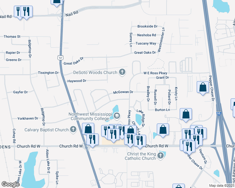 map of restaurants, bars, coffee shops, grocery stores, and more near 1093 McGowan Drive in Southaven