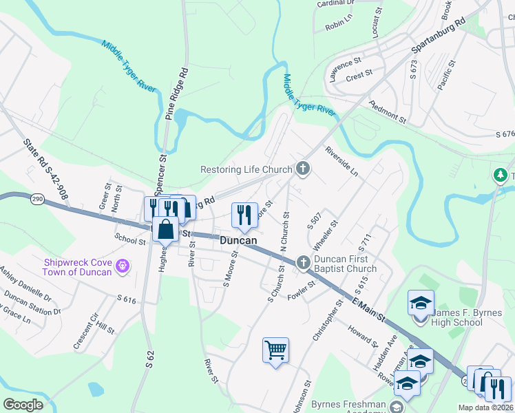 map of restaurants, bars, coffee shops, grocery stores, and more near 110 N Moore St in Duncan