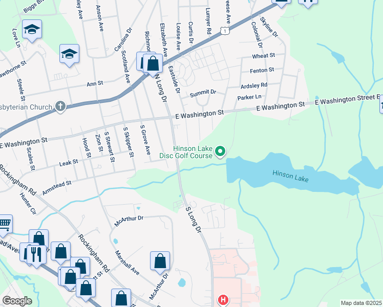 map of restaurants, bars, coffee shops, grocery stores, and more near 215 Brooks Avenue in Rockingham