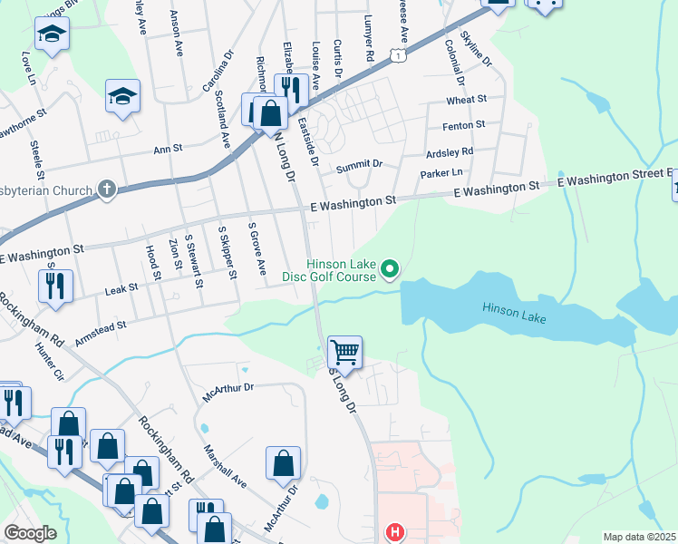 map of restaurants, bars, coffee shops, grocery stores, and more near 215 Brooks Avenue in Rockingham