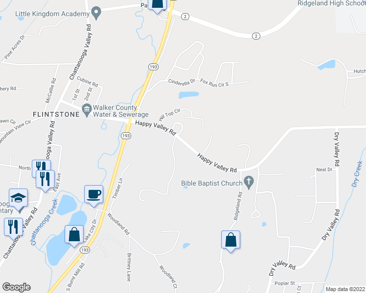 map of restaurants, bars, coffee shops, grocery stores, and more near 4177 Happy Valley Road in Chattanooga Valley