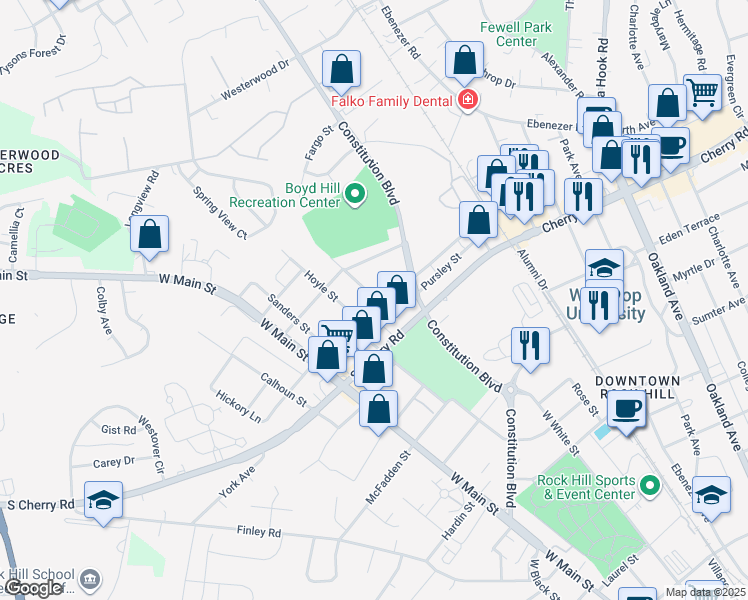 map of restaurants, bars, coffee shops, grocery stores, and more near 247 1/2 Bynum Avenue in Rock Hill