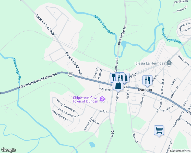 map of restaurants, bars, coffee shops, grocery stores, and more near 103 Greer Street in Duncan