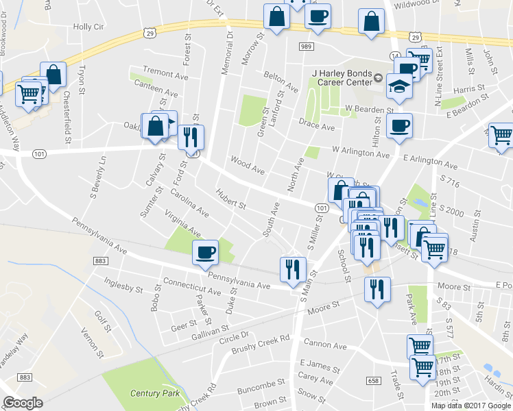 map of restaurants, bars, coffee shops, grocery stores, and more near 208 Hubert Street in Greer