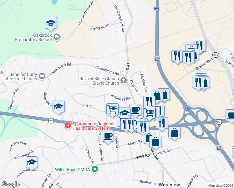 map of restaurants, bars, coffee shops, grocery stores, and more near 112 Ridgeway Road in Spartanburg