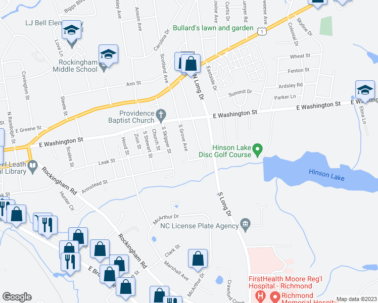 map of restaurants, bars, coffee shops, grocery stores, and more near 211 S Grove Ave in Rockingham