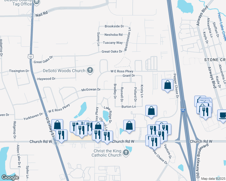 map of restaurants, bars, coffee shops, grocery stores, and more near 5405 Bradley Drive in Southaven